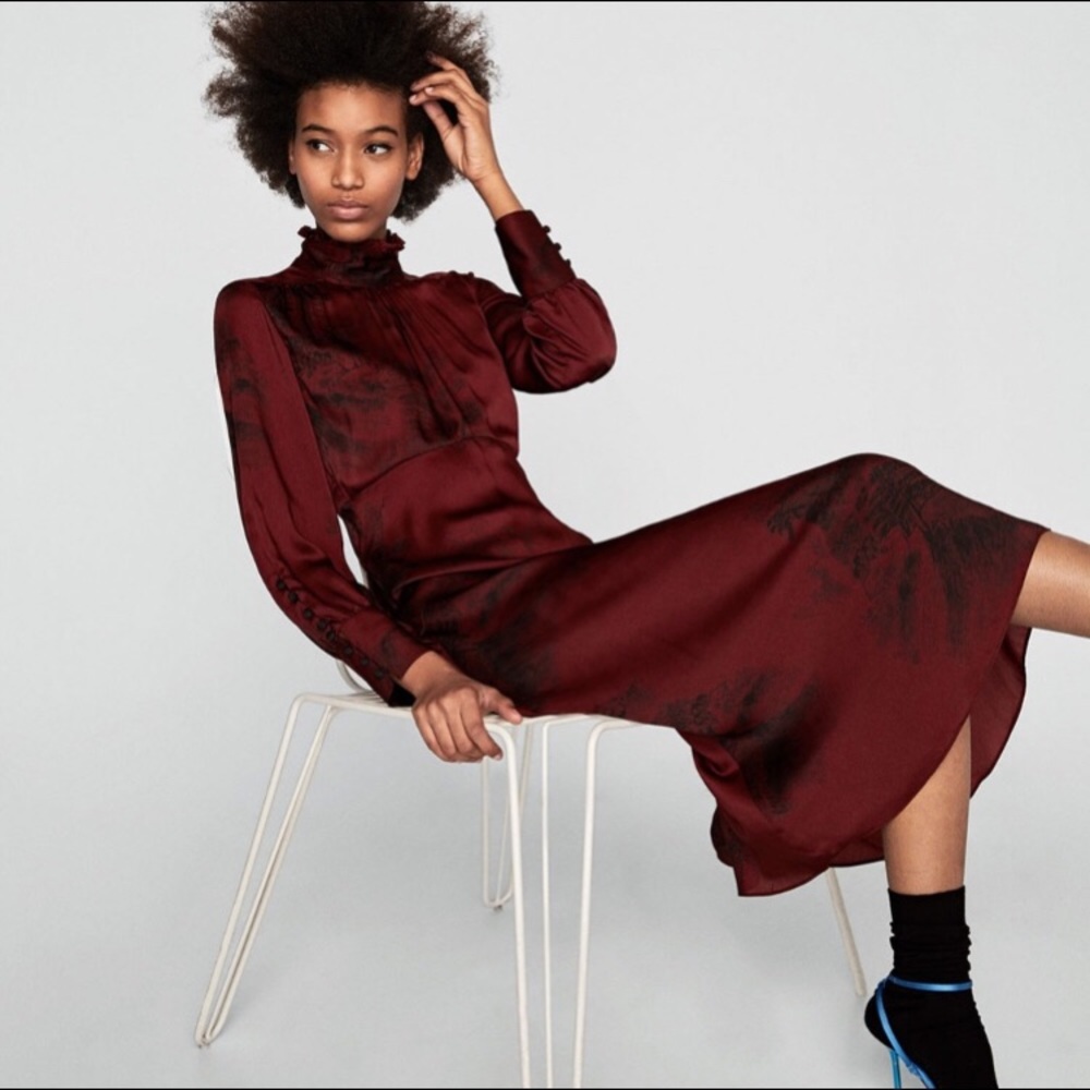 Zara NWT Burgundy Ruffle Prairie Dress